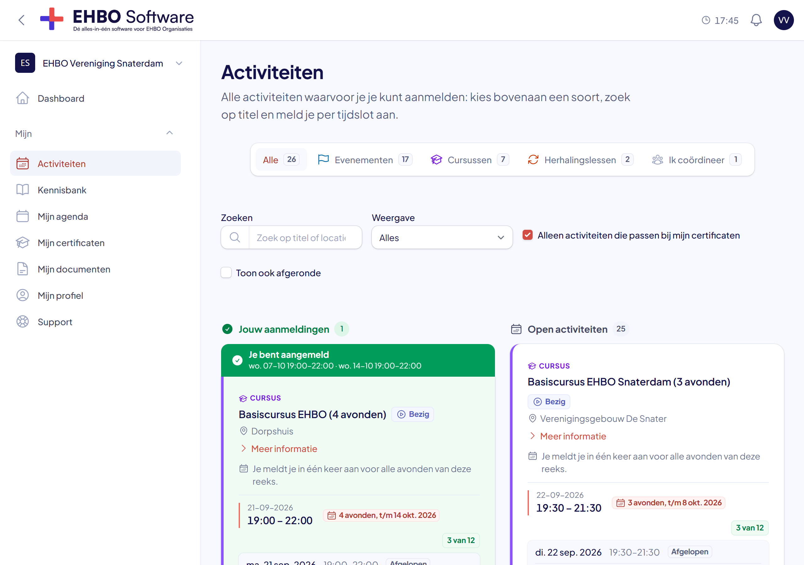 Het activiteitenoverzicht van EHBO Software met tabbladen per soort, je eigen aanmeldingen en de open activiteiten
