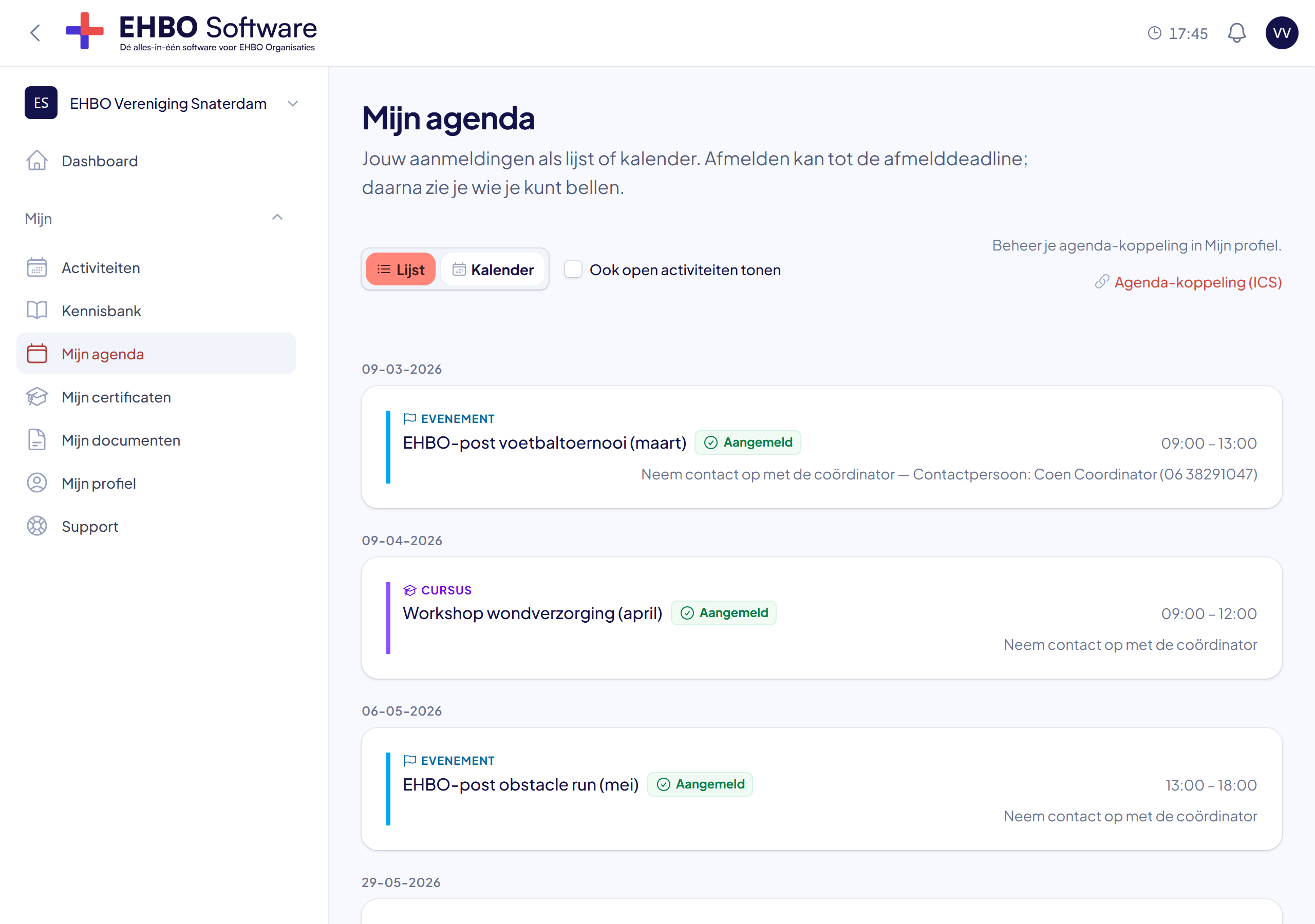 Mijn agenda in EHBO Software met je komende diensten