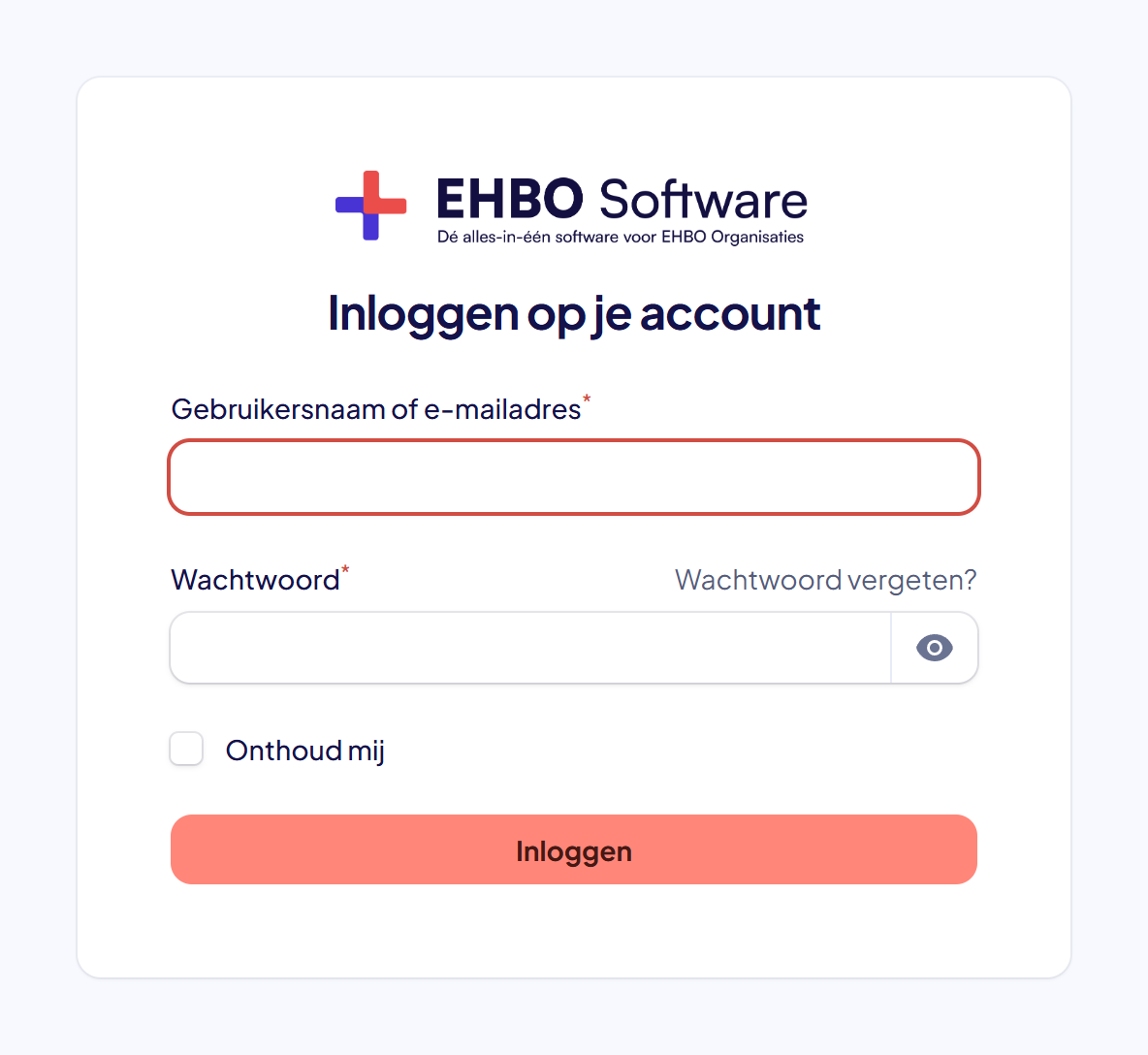 Het inlogscherm van EHBO Software