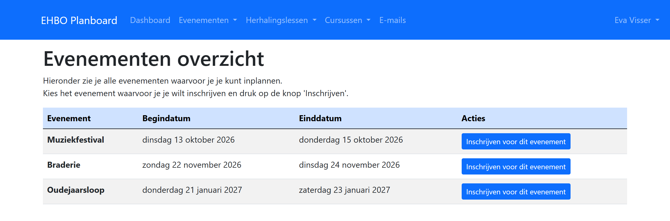 Het evenementenoverzicht van het EHBO Planboard met een knop Inschrijven per evenement