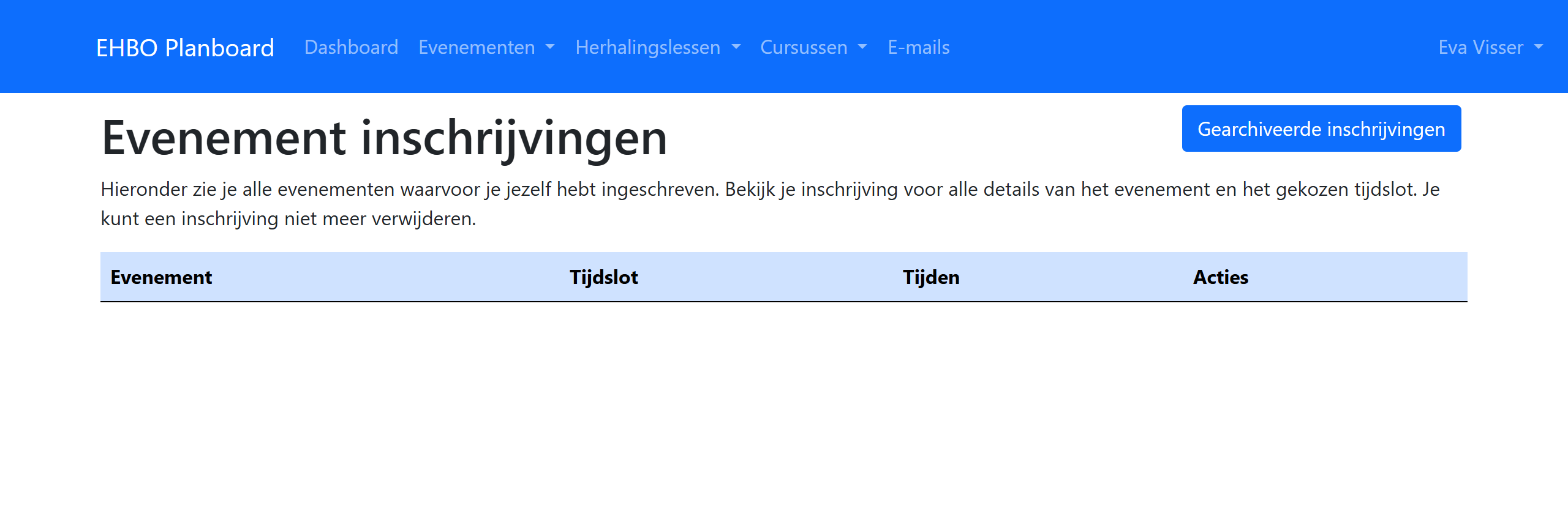 De lijst met je inschrijvingen in het EHBO Planboard