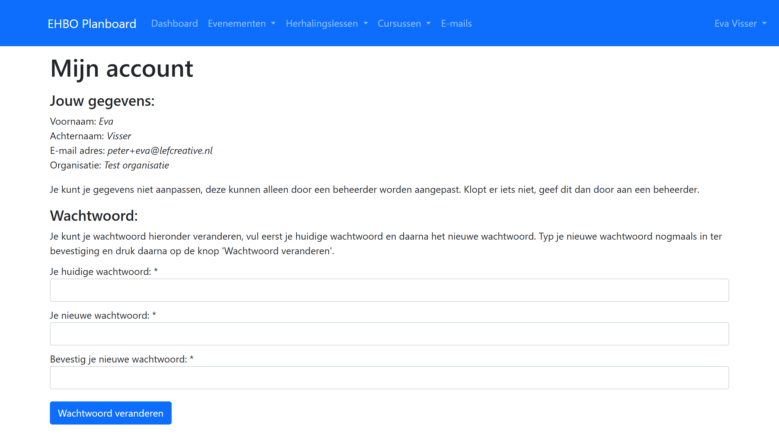 Het accountscherm van het EHBO Planboard