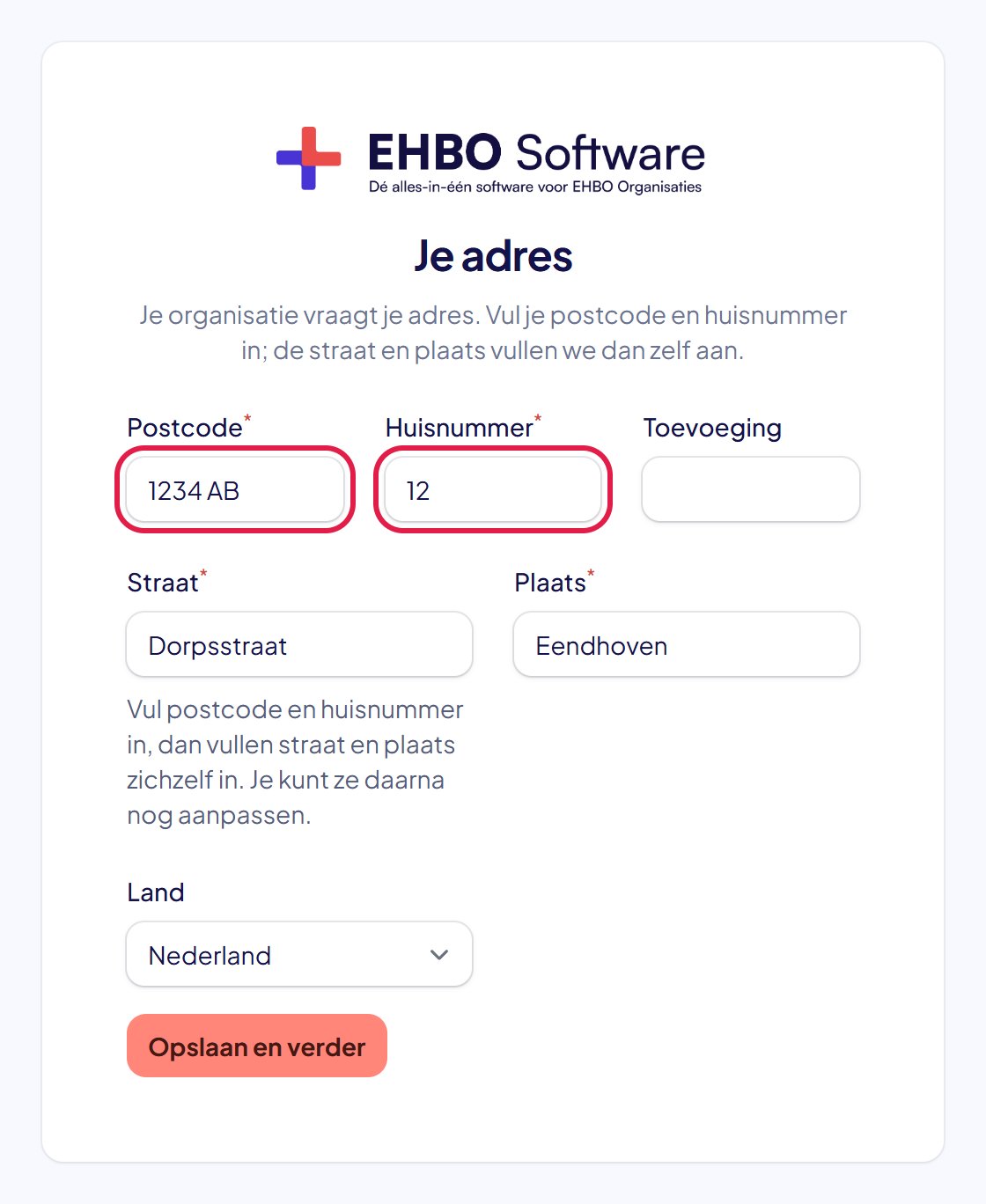 Het scherm Je adres met Postcode 1234 AB en Huisnummer 12 gemarkeerd; Straat en Plaats zijn zelf ingevuld