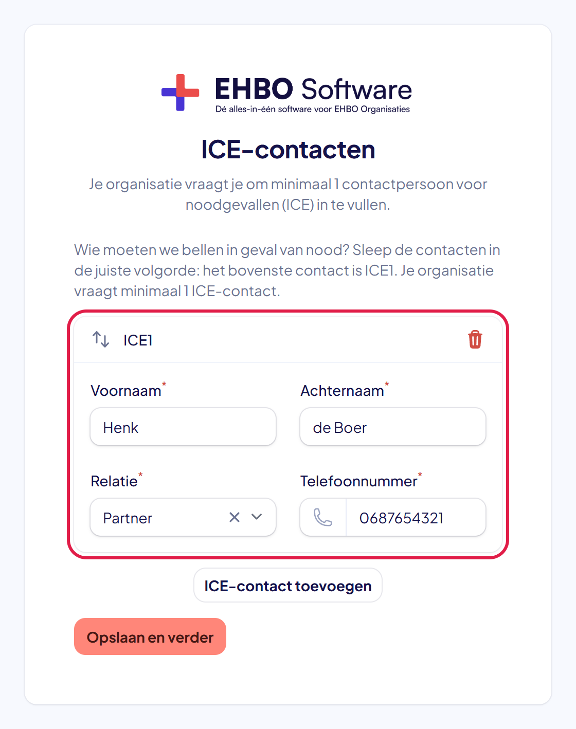 Het scherm ICE-contacten met het blok ICE1 ingevuld: voornaam, achternaam, relatie Partner en telefoonnummer