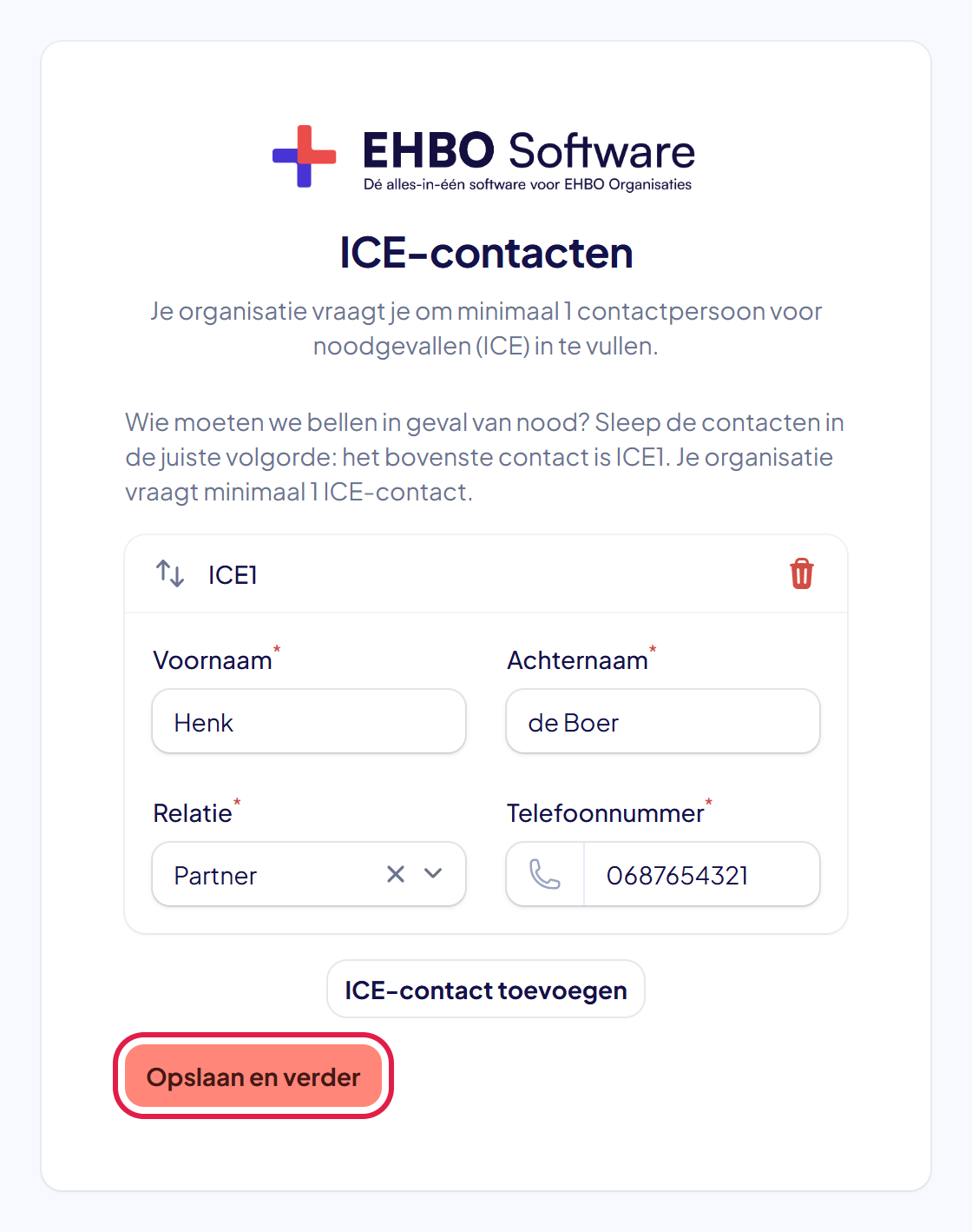 Het scherm ICE-contacten met de knop Opslaan en verder gemarkeerd