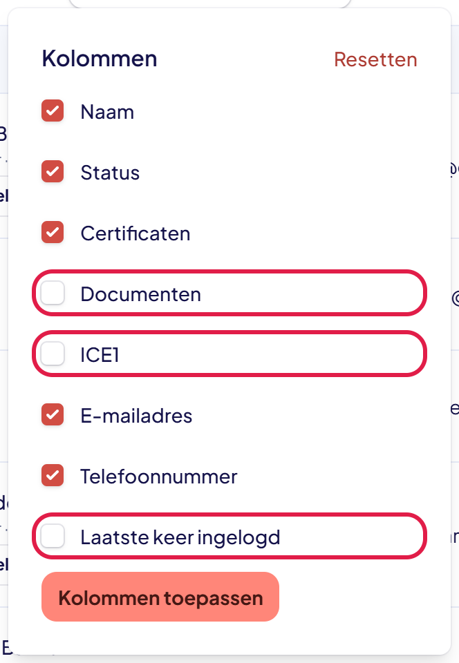 Het lijstje Kolommen met de vinkjes weg bij Documenten, ICE1 en Laatste keer ingelogd