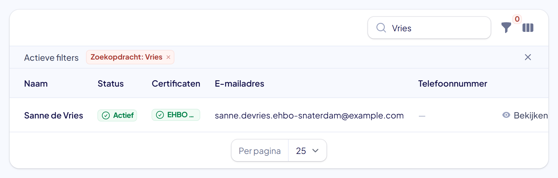 De ledenlijst met alleen de kolommen Naam, Status, Certificaten, E-mailadres en Telefoonnummer