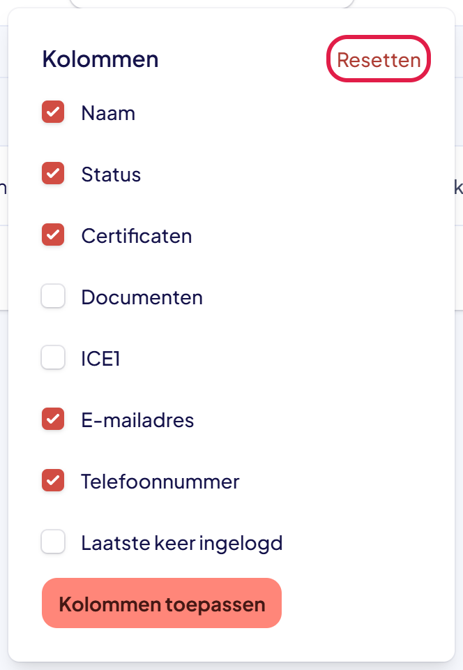 Het lijstje Kolommen met rechtsboven de knop Resetten gemarkeerd