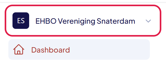 De bovenkant van het menu met de naam EHBO Vereniging Snaterdam gemarkeerd