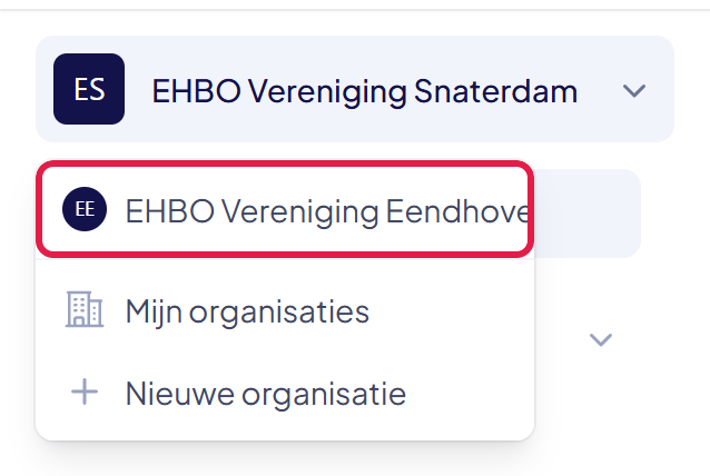 Het opengeklapte lijstje met de organisatie EHBO Vereniging Eendhoven gemarkeerd