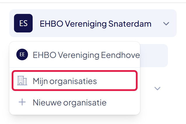 Het opengeklapte lijstje met het onderdeel Mijn organisaties gemarkeerd