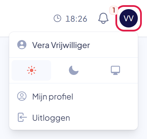 Het geopende menu rechtsboven met de naam Vera Vrijwilliger, Mijn profiel en Uitloggen