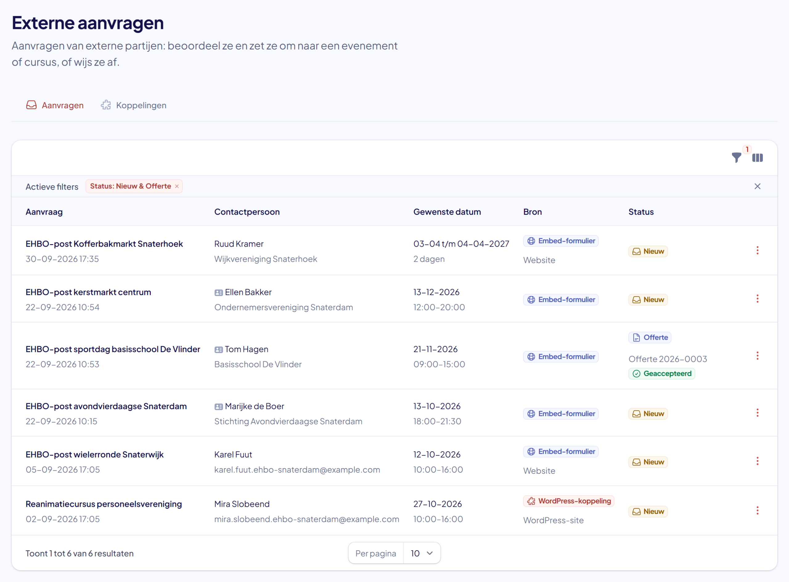 Het overzicht met externe aanvragen; bovenaan een nieuwe aanvraag en verderop een aanvraag met de status Offerte en het offertenummer eronder