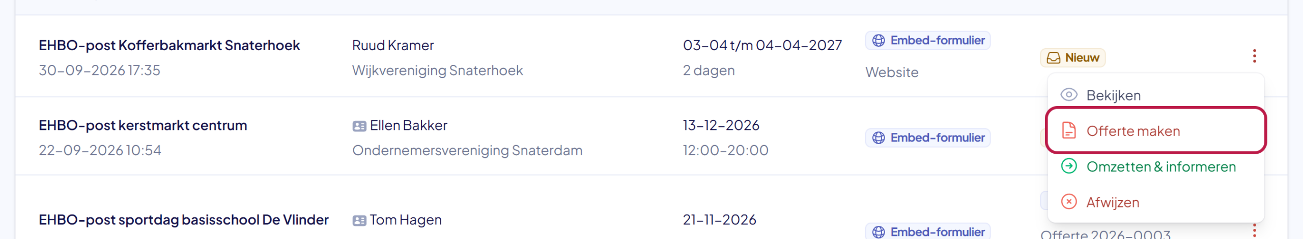 Het menu achter een aanvraag met de keuzes Bekijken, Offerte maken, Omzetten en informeren en Afwijzen, en Offerte maken gemarkeerd