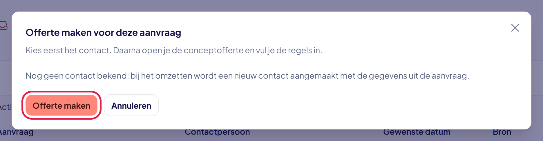 Het venster Offerte maken voor deze aanvraag met de melding dat er een nieuw contact wordt aangemaakt, en de knop Offerte maken gemarkeerd