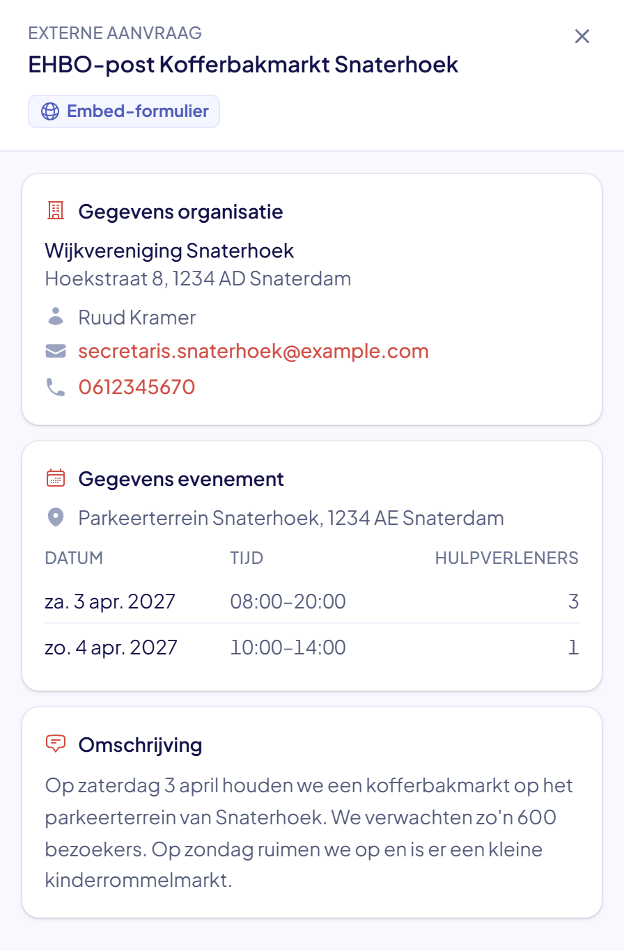 Het paneel Externe aanvraag met de gegevens van de organisatie, de gegevens van het evenement met twee dagen, en de omschrijving