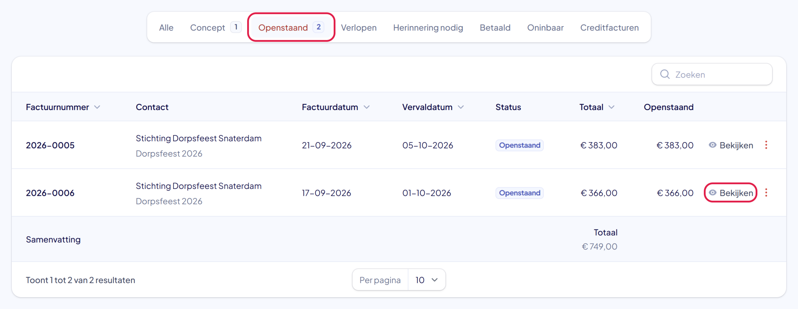 De lijst met facturen op het tabblad Openstaand, met achter factuur 2026-0006 de knop Bekijken gemarkeerd
