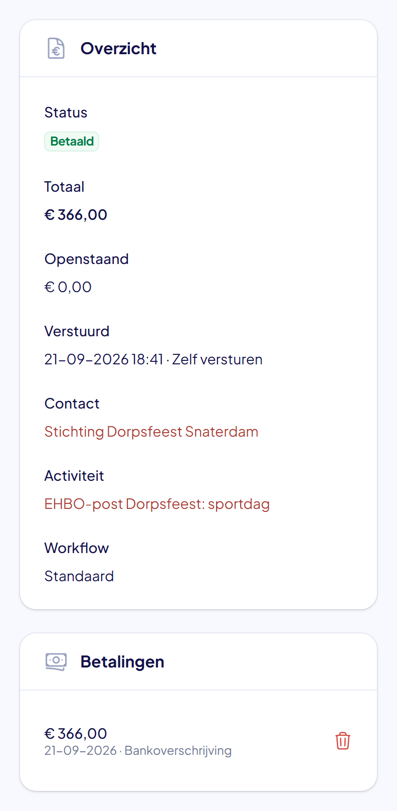 Het overzicht van de factuur met de status Betaald, openstaand 0 euro en het blok Betalingen met één betaling