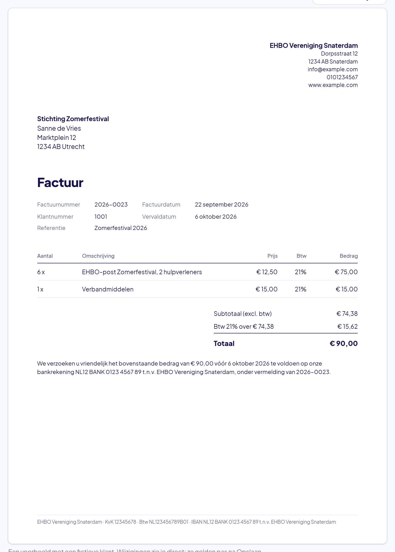 De voorbeeldfactuur met per regel een kolom Btw van 21%, het Subtotaal (excl. btw) en een regel Btw 21% over het bedrag zonder btw