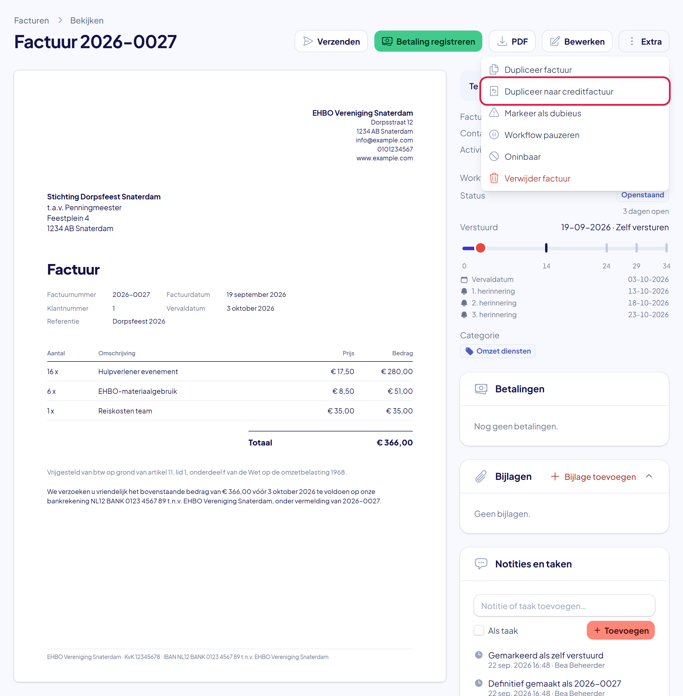 De pagina van een verstuurde factuur met het menu Extra opengeklapt en de keuze Dupliceer naar creditfactuur gemarkeerd