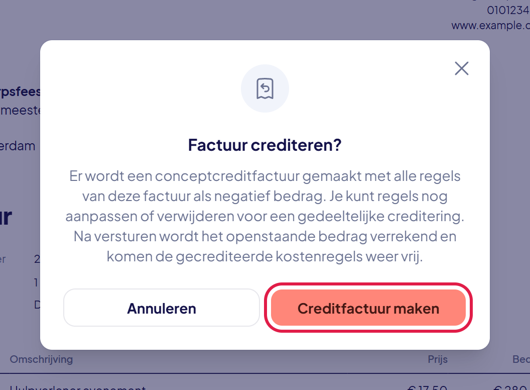 Het venster Factuur crediteren met de knop Creditfactuur maken gemarkeerd