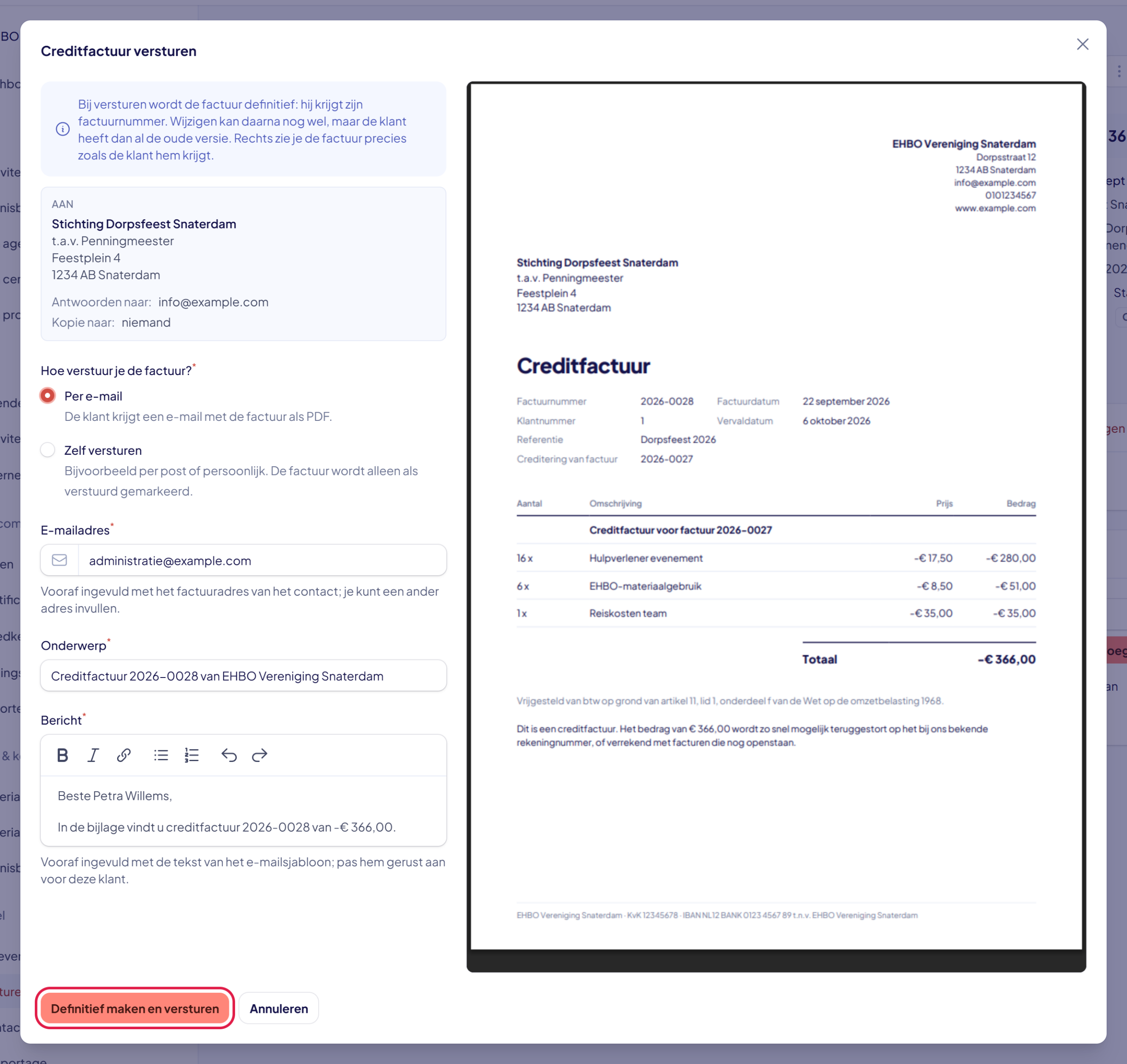 Het venster Creditfactuur versturen met links het bericht, rechts de creditfactuur en de knop Definitief maken en versturen gemarkeerd