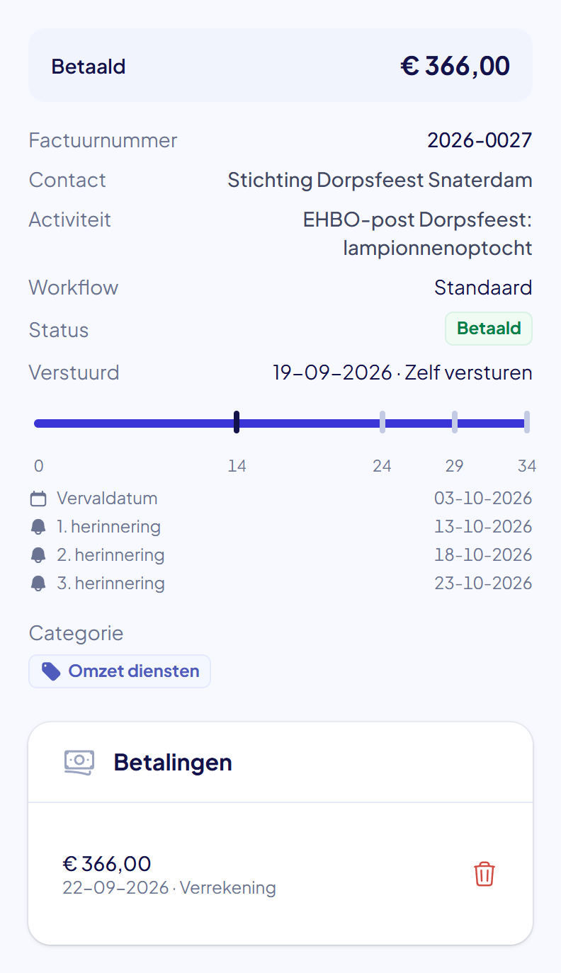 De zijbalk van de oorspronkelijke factuur met de status Betaald en een betaling van 366 euro met de betaalwijze Verrekening