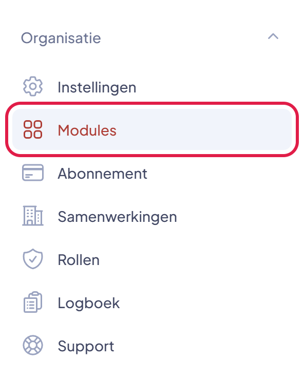 Het menu Organisatie met het onderdeel Modules gemarkeerd