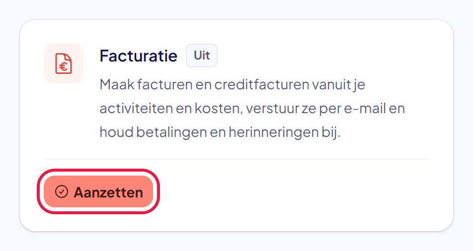 Het blok Facturatie op de pagina Modules met de knop Aanzetten gemarkeerd