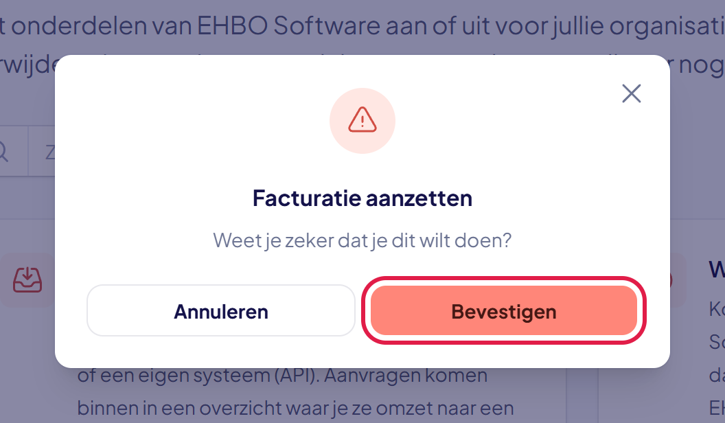 Het venster Facturatie aanzetten met de knop Bevestigen gemarkeerd