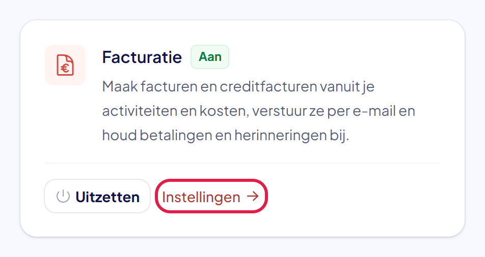 Het blok Facturatie met de status Aan en de link Instellingen gemarkeerd