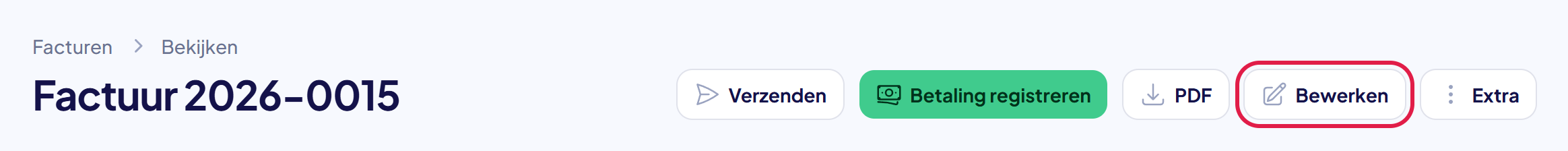 De paginakop van een verstuurde factuur met de knop Bewerken gemarkeerd