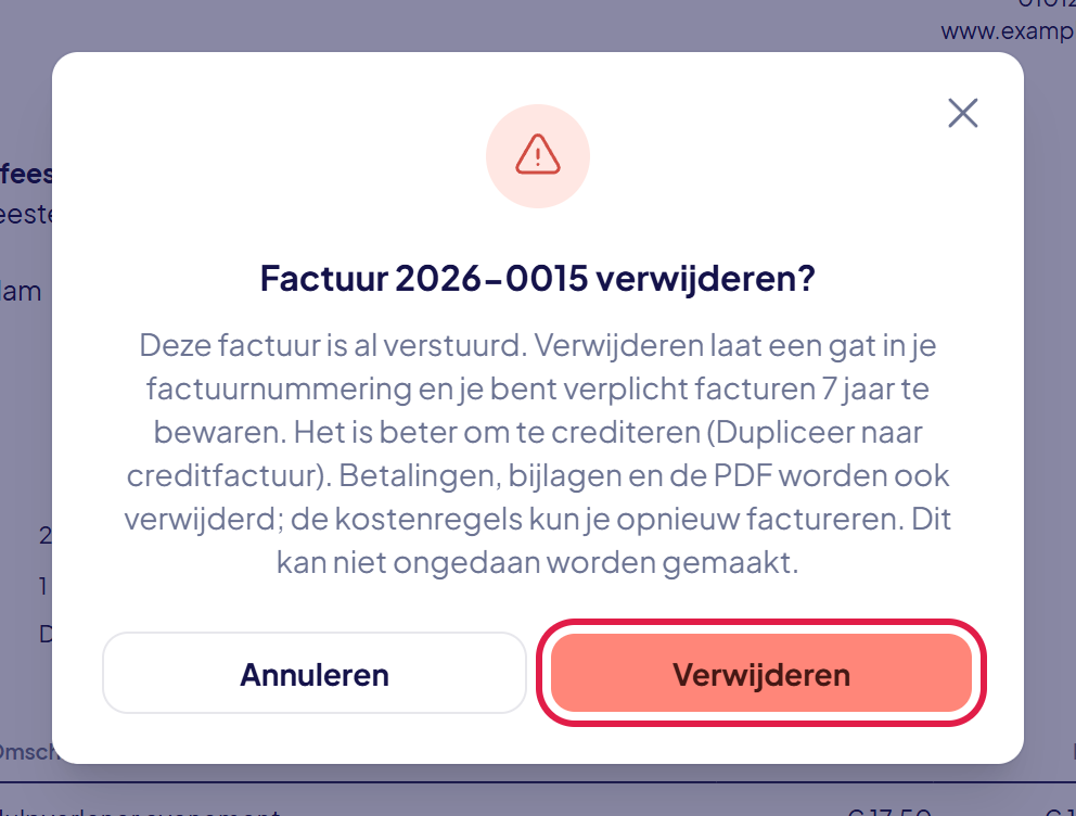 Het venster Factuur verwijderen met de waarschuwing over het gat in de nummering en de knop Verwijderen gemarkeerd