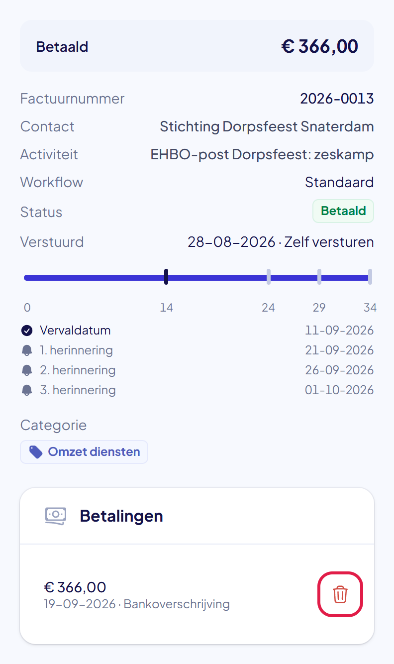 De zijbalk van een betaalde factuur met het blok Betalingen en het prullenbakje achter de betaling gemarkeerd