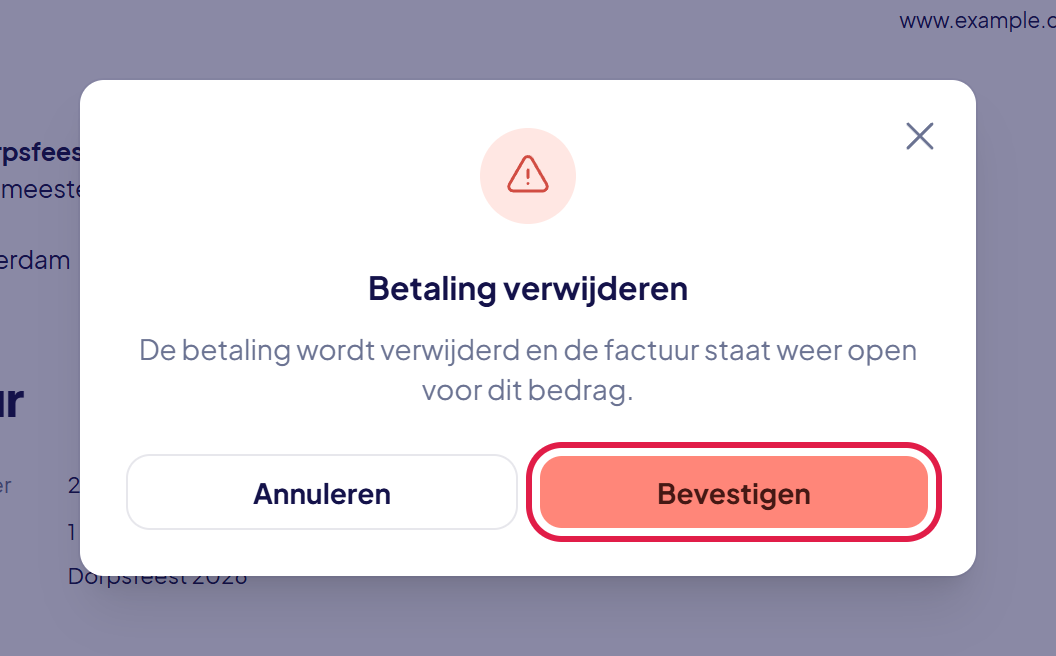 Het venster Betaling verwijderen met de knop Bevestigen gemarkeerd