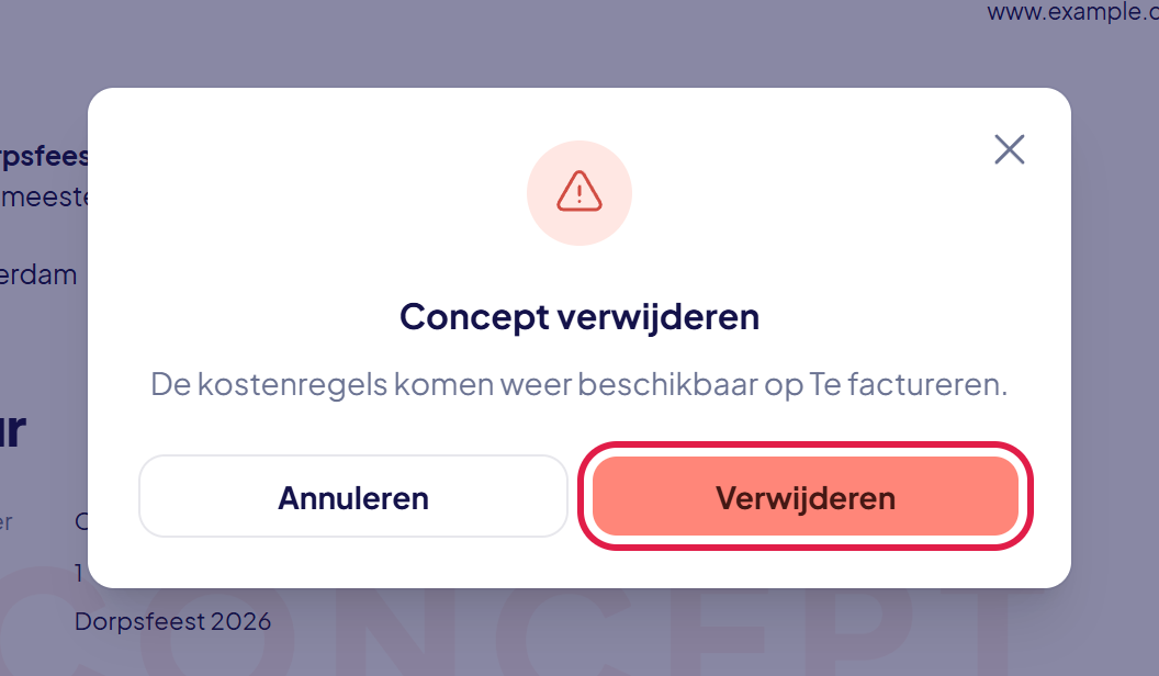 Het venster Concept verwijderen met de uitleg over de kostenregels en de knop Verwijderen gemarkeerd