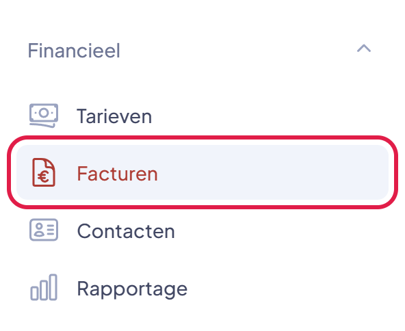 Het menu Financieel met het onderdeel Facturen gemarkeerd