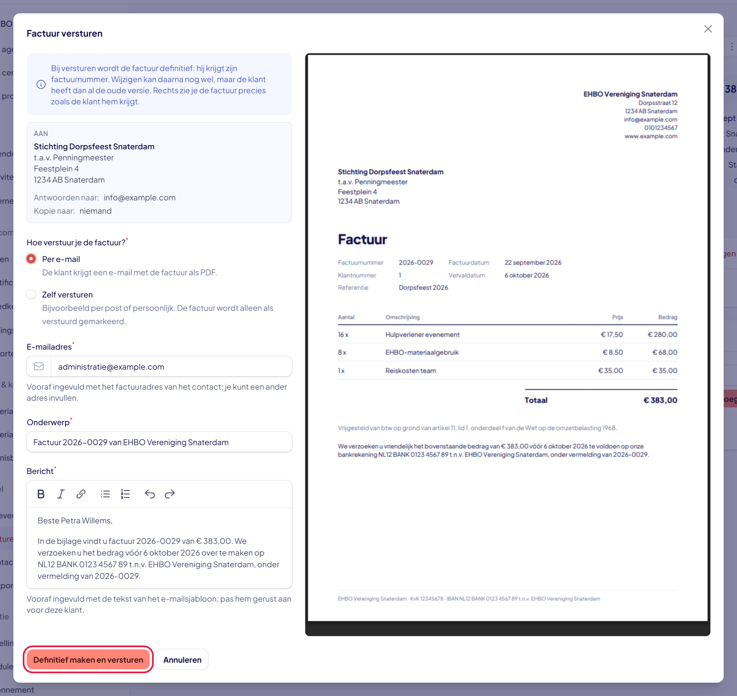 Het venster Factuur versturen met links het e-mailadres, onderwerp en bericht, rechts de factuur en linksonder de knop Definitief maken en versturen gemarkeerd