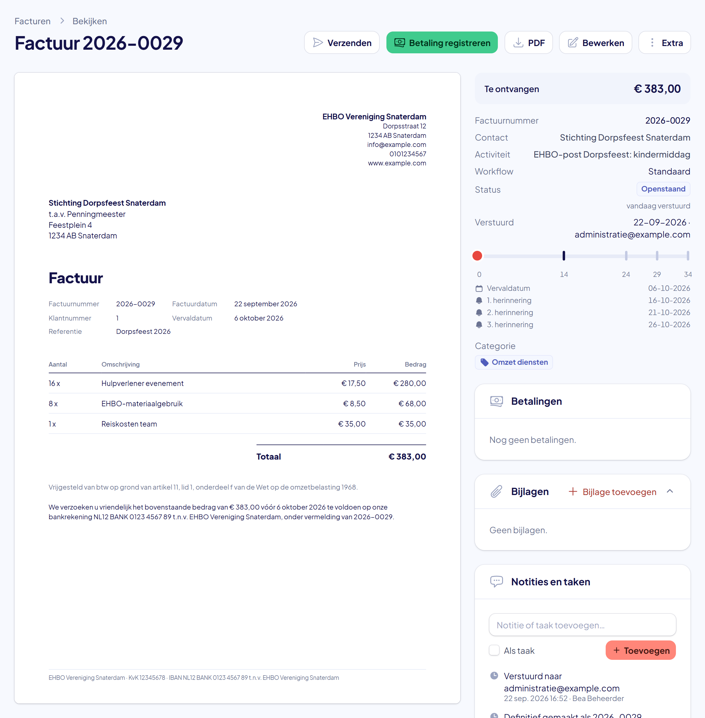 De pagina van de verstuurde factuur met rechts het bedrag Te ontvangen, de status Openstaand, het verzendadres, de lijn van het betaalproces en Notities en taken