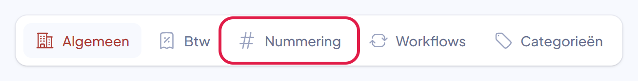 De tabbladen Algemeen, Btw, Nummering, Workflows en Categorieën, met Nummering gemarkeerd