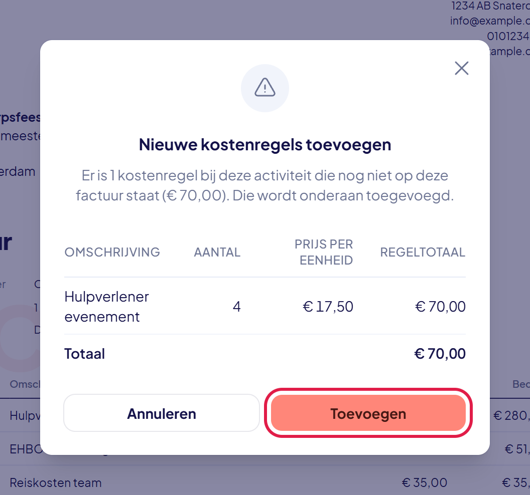 Het venster Nieuwe kostenregels toevoegen met één kostenregel en de knop Toevoegen gemarkeerd