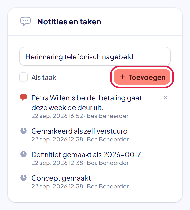 Het blok Notities en taken met een getypte notitie en de knop Toevoegen gemarkeerd