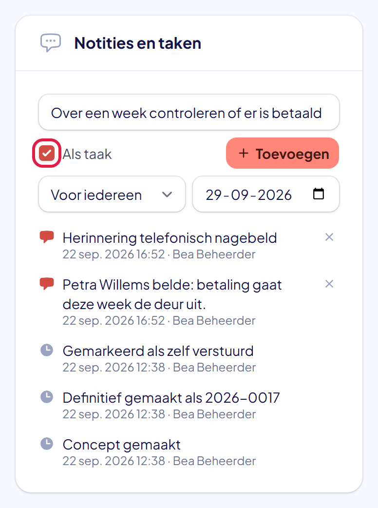 Het blok Notities en taken met een getypte taak, het vinkje Als taak gemarkeerd, de keuze Voor iedereen en een datum