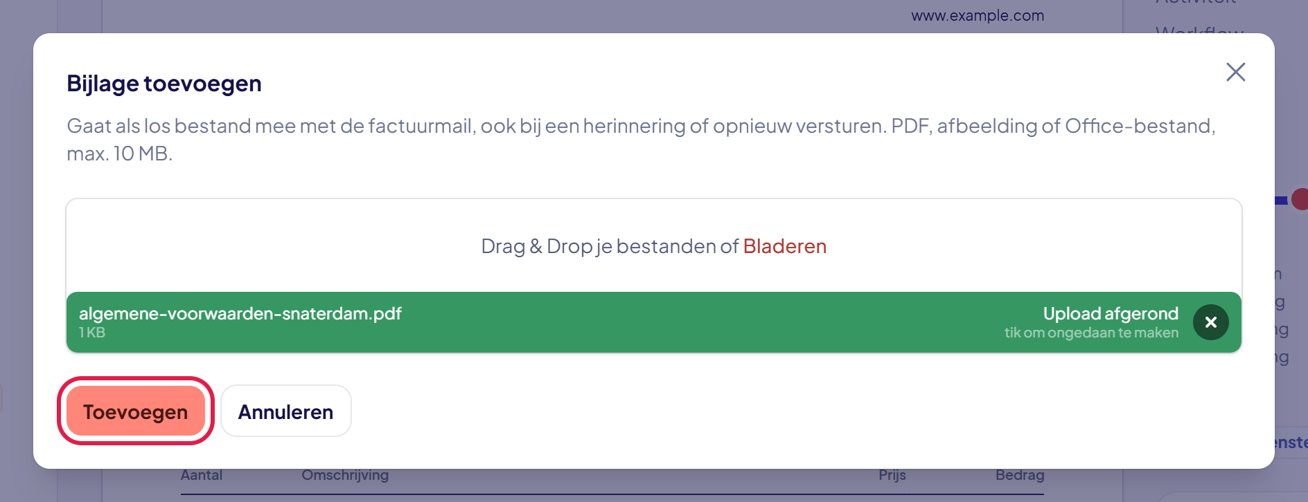 Het venster Bijlage toevoegen met het bestand algemene-voorwaarden-snaterdam.pdf, Upload afgerond, en de knop Toevoegen gemarkeerd