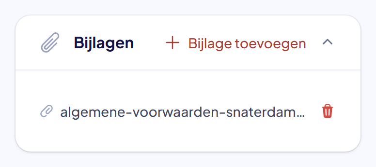 Het blok Bijlagen met het bestand algemene-voorwaarden-snaterdam.pdf en een prullenbakje