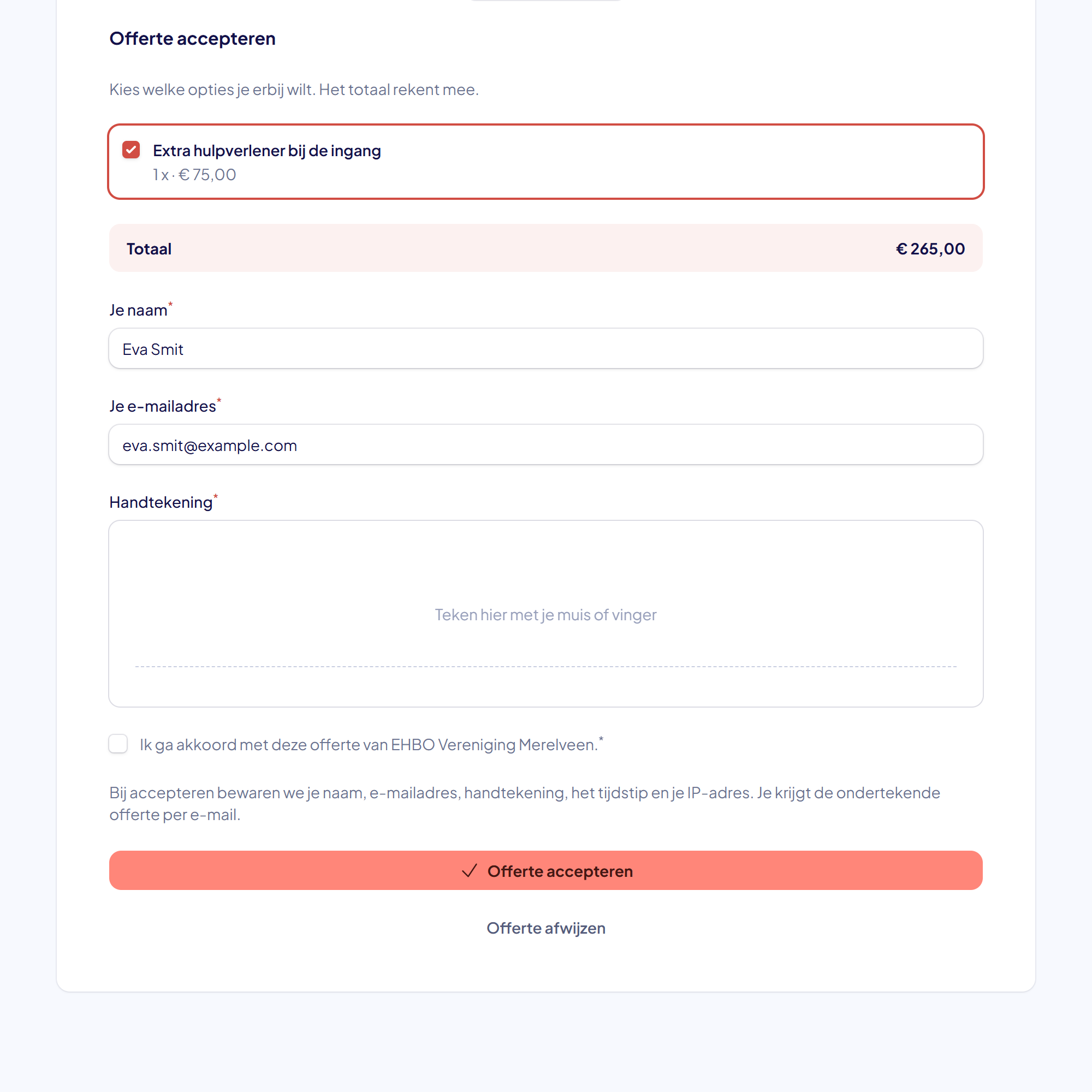 Het accepteerblok met de optionele regel, het totaal, naam, e-mailadres, handtekening en de knop Offerte accepteren