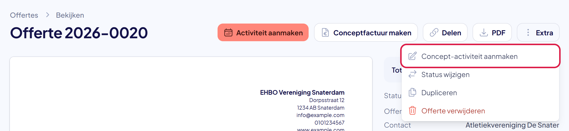 Het menu Extra van een geaccepteerde offerte open, met Concept-activiteit aanmaken gemarkeerd