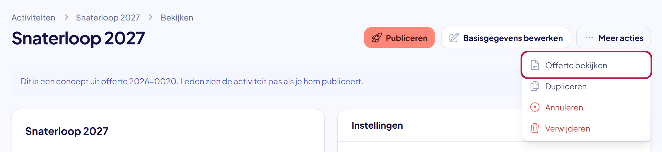 Het menu Meer acties van de activiteit open, met Offerte bekijken gemarkeerd
