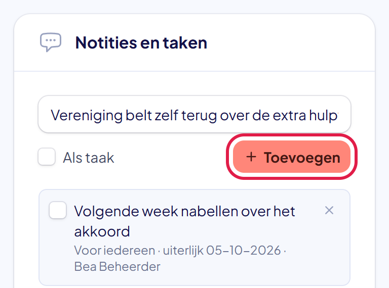 Het blok Notities en taken bij een offerte, met een getypte notitie en de knop Toevoegen gemarkeerd