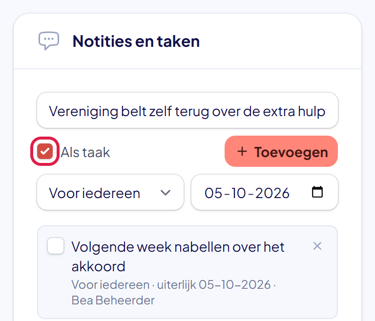 Het blok Notities en taken met het vinkje Als taak gemarkeerd, de keuze Voor iedereen en een datum bij Uiterlijk